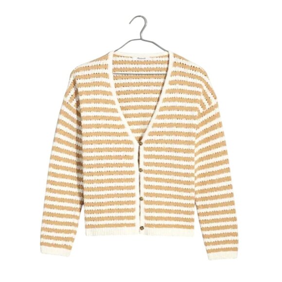 Madewell Open Stitch Cardigan Sweater In Stripe Earthen Sand Size L - Picture 6 of 10
